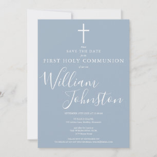 Elegant First Holy Communion Dusty Blue Save The Date