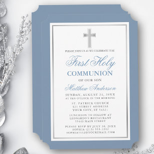 Elegant First Holy Communion Dusty Blue Silver Einladung