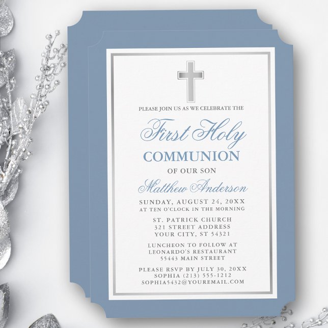 Elegant First Holy Communion Dusty Blue Silver Einladung (Customize to change text size, style, color or to add more text or photos to back of card.)
