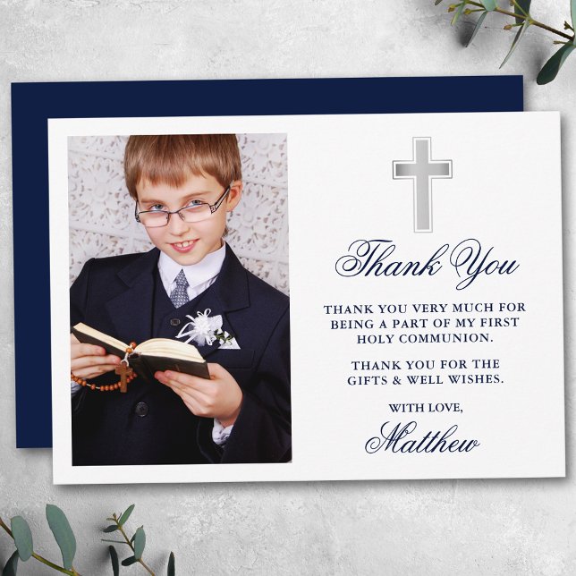Elegant First Holy Communion Foto Blue Dankeskarte (Customize to change text size, color, style or to change color of back of card. )