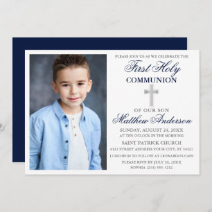 Elegant First Holy Communion Foto Blue Silver Einladung