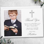 Elegant First Holy Communion Foto Silver Dankeskarte<br><div class="desc">Elegante Erste Heilige Kommunion Dankeschön Karte mit Silberkreuz. Foto Front.</div>