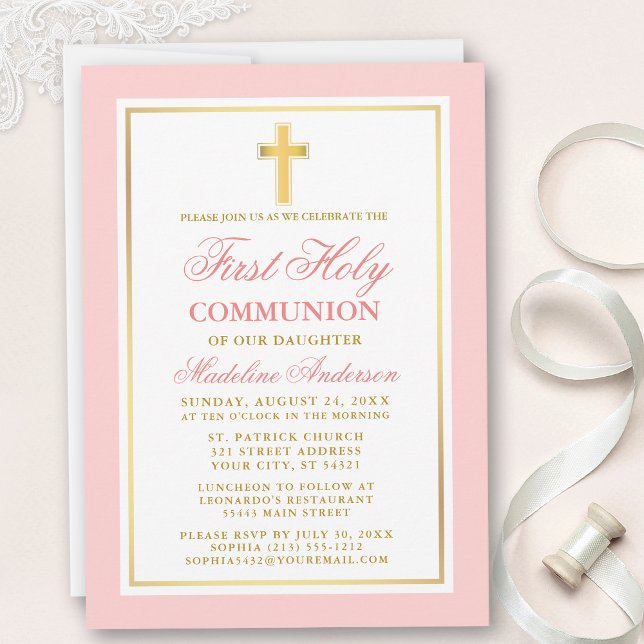 Elegant First Holy Communion Pink Gold Einladung (Customize to change text size, style, color or to add more text or photos to back of card.)
