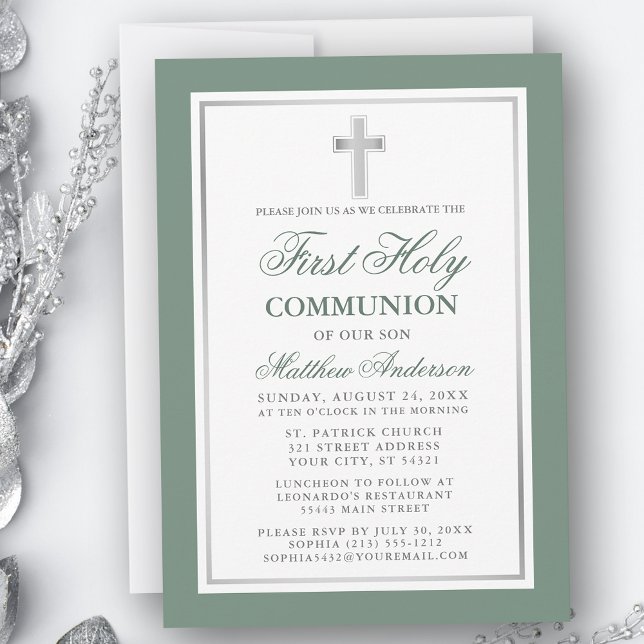 Elegant First Holy Communion Sage Green Silver Einladung (Customize to change text size, color or text style.)