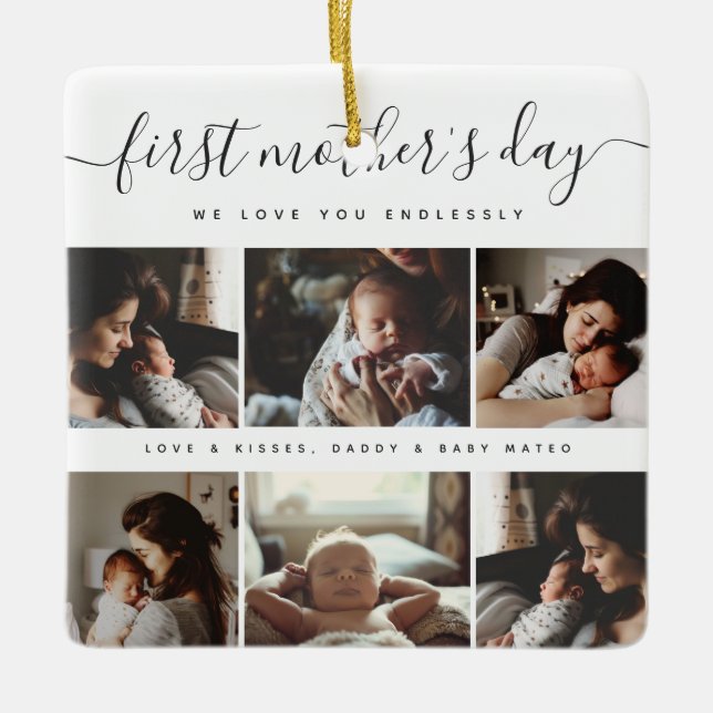 Elegant First Mother's Day Custom Foto Collage Keramikornament (Vorderseite)