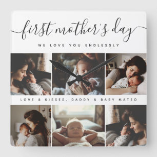 Elegant First Mother's Day Custom Foto Collage Quadratische Wanduhr