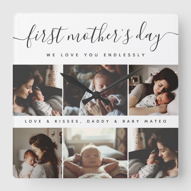 Elegant First Mother's Day Custom Foto Collage Quadratische Wanduhr (Vorderseite)