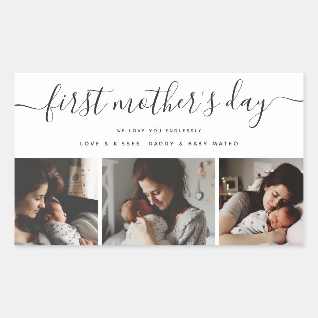 Elegant First Mother's Day Custom Foto Collage Rechteckiger Aufkleber (Vorderseite)