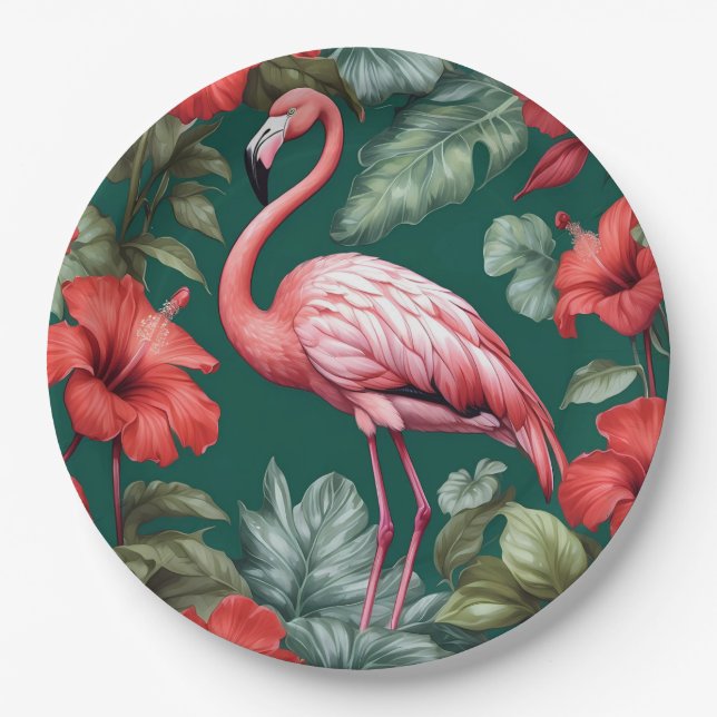 Elegant Flamingo Hibiskus Blume Emerald Green Pappteller (Vorderseite)