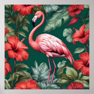 Elegant Flamingo Hibiskus Blume Emerald Green Poster