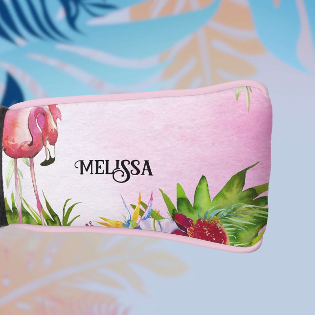 Elegant Flamingo Tropical Floral Golf Headcover (Tropical watercolor flamingo floral with personlization.)