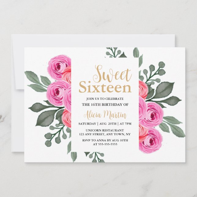 Elegant Flora Dusty Pink Rose Gold Sweet 16 Einladung (Vorderseite)