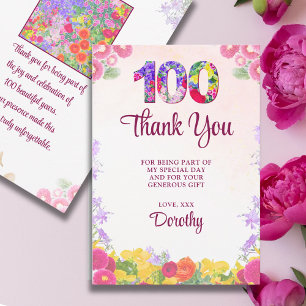 Elegant Floral 100. Geburtstagsparty / 100 Jahre Dankeskarte