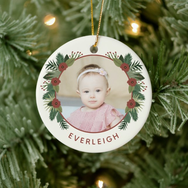 Elegant Floral 2 Foto Baby's 1. Weihnachten   Keramik Ornament (Baum)