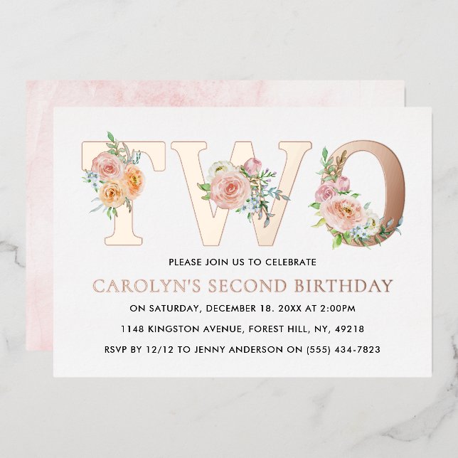 Elegant Floral 2. Geburtstag Real Folieneinladung (Vorderseite/Rückseite)
