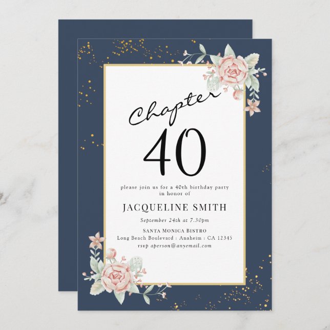 Elegant Floral 40. Geburtstag Einladung (Vorne/Hinten)