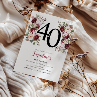 Elegant Floral 40. Geburtstag Einladung