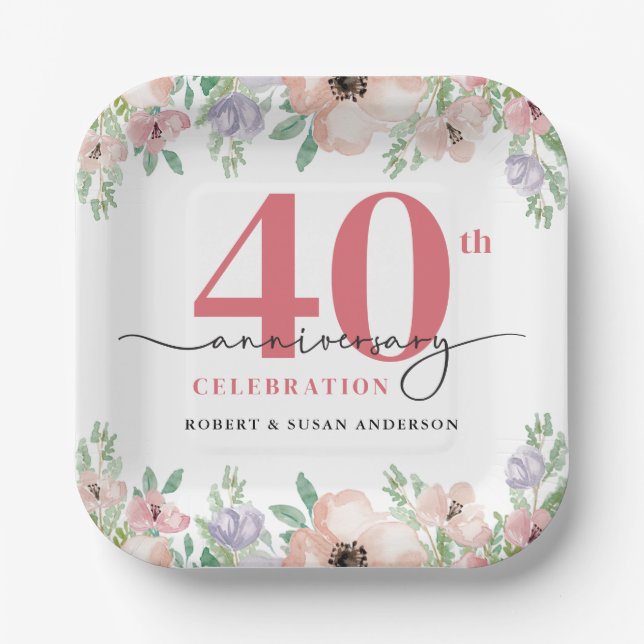 Elegant Floral 40th Wedding Anniversary Pappteller (Vorderseite)