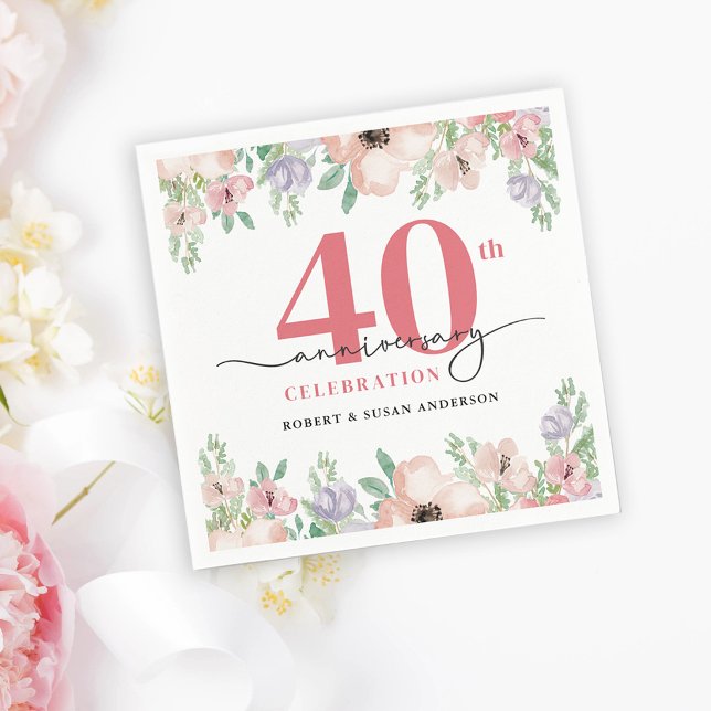Elegant Floral 40th Wedding Anniversary Serviette (Von Creator hochgeladen)