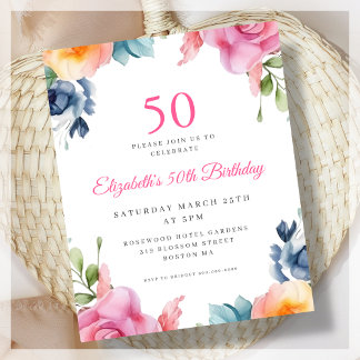 Elegant Floral 50. Geburtstag Budget Einladung