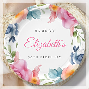 Elegant Floral 50. Geburtstagsparty Pappteller