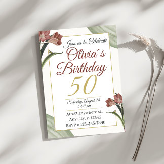 Elegant Floral 50th – Gold and Blush Flower Einladung