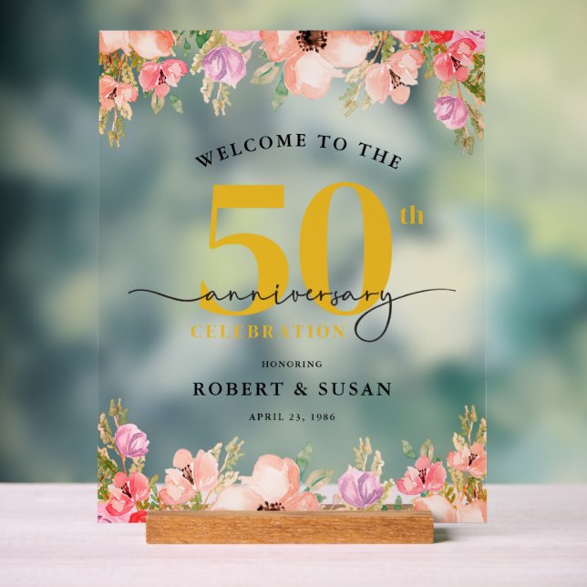 Elegant Floral 50th Wedding Anniversary Welcome Acrylschild (Neutral)