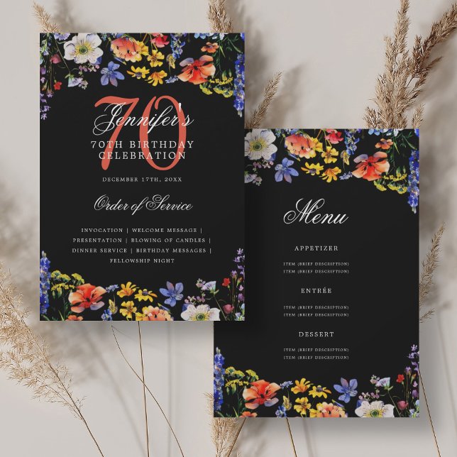 Elegant Floral 70. Geburtstag Programm Menü Black (Elegant Floral 70th Birthday Program Menu Black)