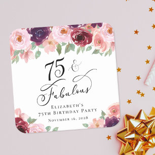 Elegant Floral 75. Geburtstagsparty Rechteckiger Pappuntersetzer