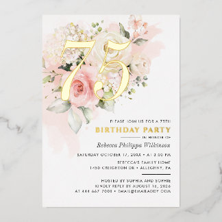 Elegant Floral 75. Watercolor Geburtstagsparty Gol Folieneinladung