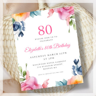 Elegant Floral 80. Geburtstag Budget Einladung