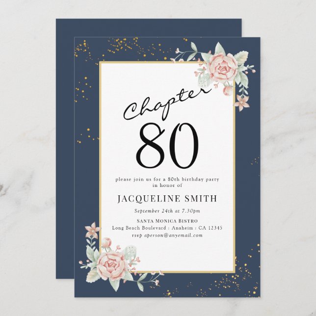Elegant Floral 80. Geburtstag Einladung (Vorne/Hinten)