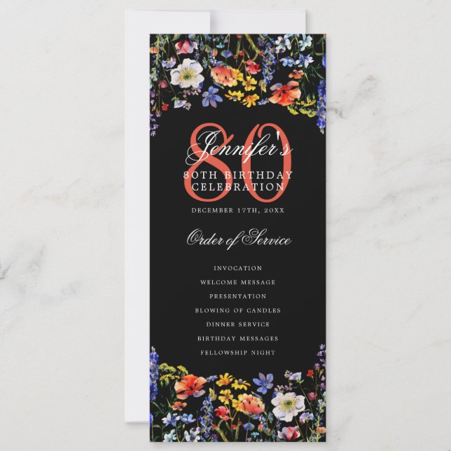 Elegant Floral 80. Geburtstag Programm Black (Vorderseite)