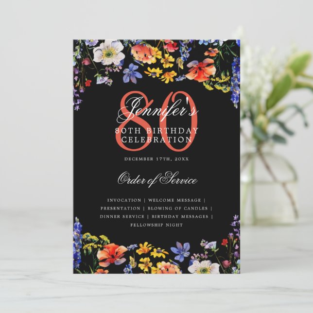 Elegant Floral 80. Geburtstag Programm Menü Black (Stehend Vorderseite)