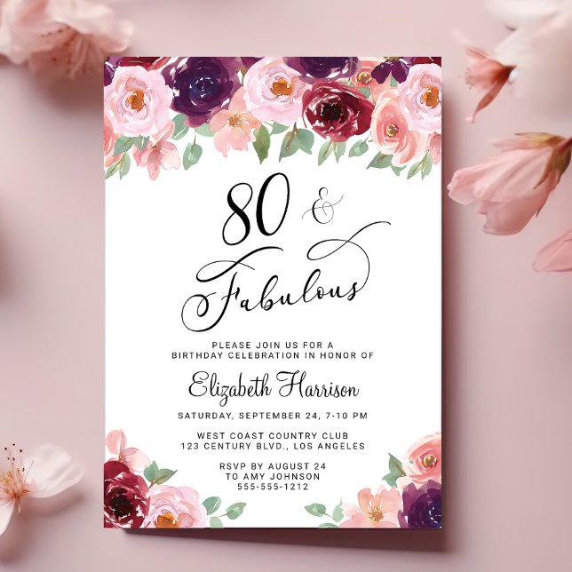 Elegant Floral 80. Geburtstagsparty Einladung (Von Creator hochgeladen)