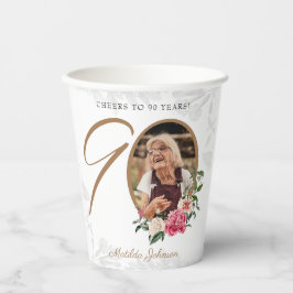 Elegant Floral 90. Geburtstag White Gold Custom Pappbecher