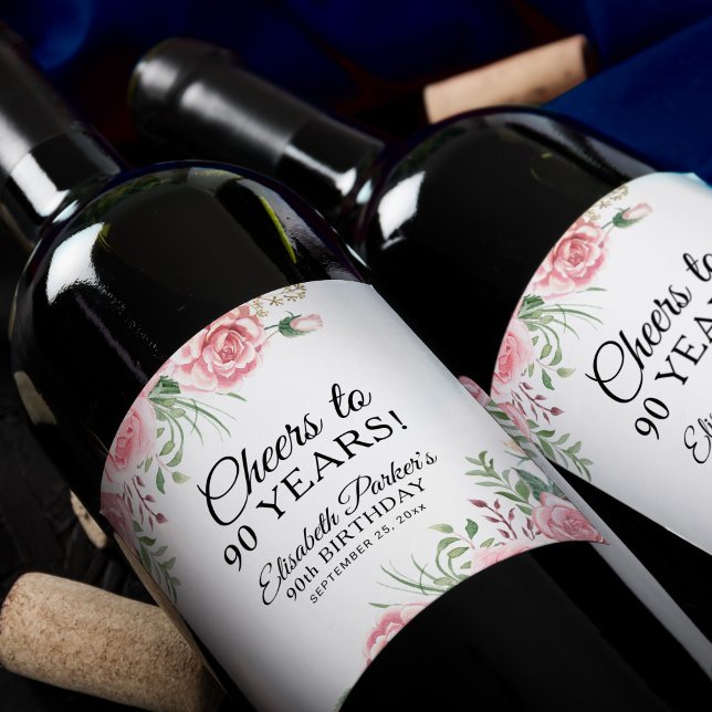 Elegant floral 90th birthday party  weinetikett (Von Creator hochgeladen)