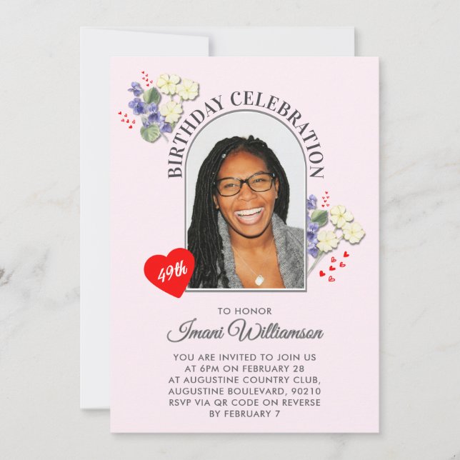 Elegant Floral ANY AGE Photo Birthday Invitation Einladung (Vorderseite)