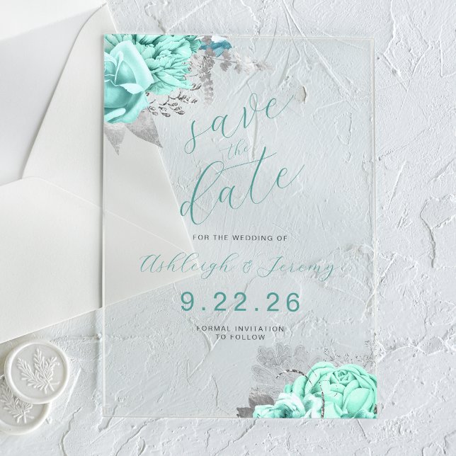 Elegant Floral Aqua Silver Save the Date Acryleinladungen (Von Creator hochgeladen)