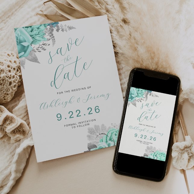 Elegant Floral Aqua Silver Save the Date Einladung (Von Creator hochgeladen)