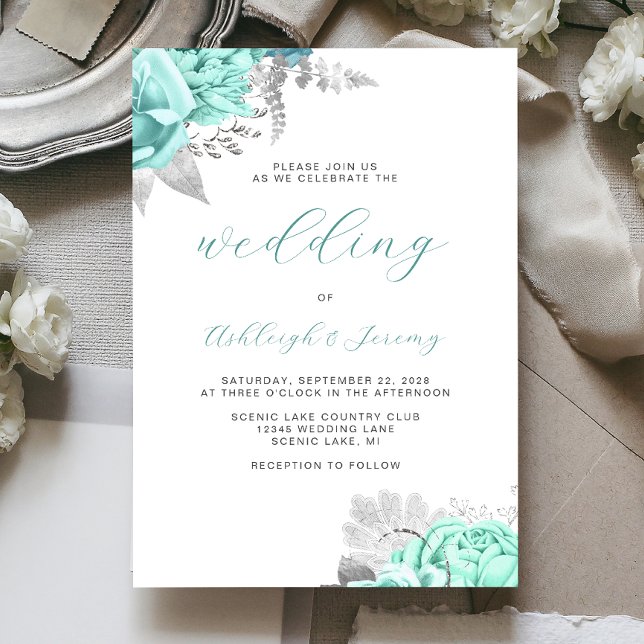 Elegant Floral Aqua Silver Script Wedding Einladung (Von Creator hochgeladen)