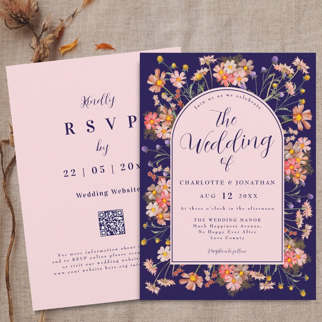 Elegant Floral Arch Navy Blue Blush Pink Wedding Einladung (Elegant Wildflower watercolor floral arch navy blue blush pink Wedding qr code invitation)