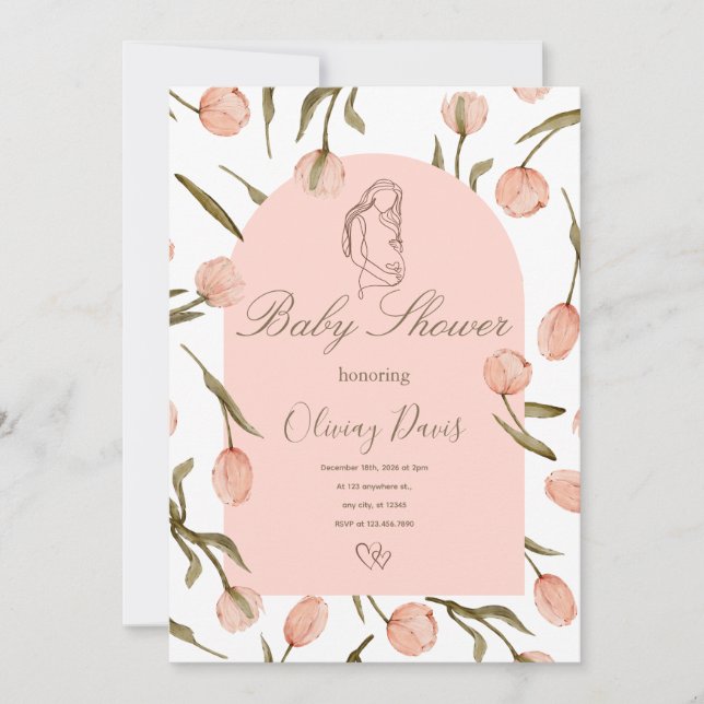 Elegant Floral Baby Shower Invitation – Pink Tulip (Vorderseite)