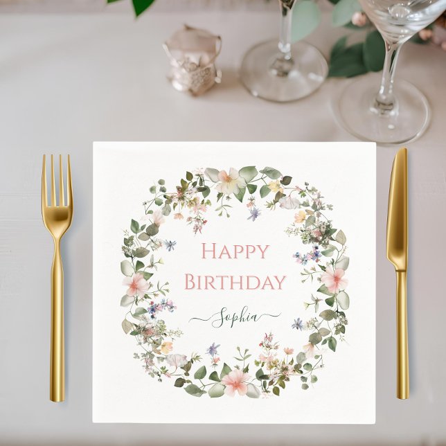 Elegant Floral Birthday – Custom Name Party Napkin Serviette (Von Creator hochgeladen)