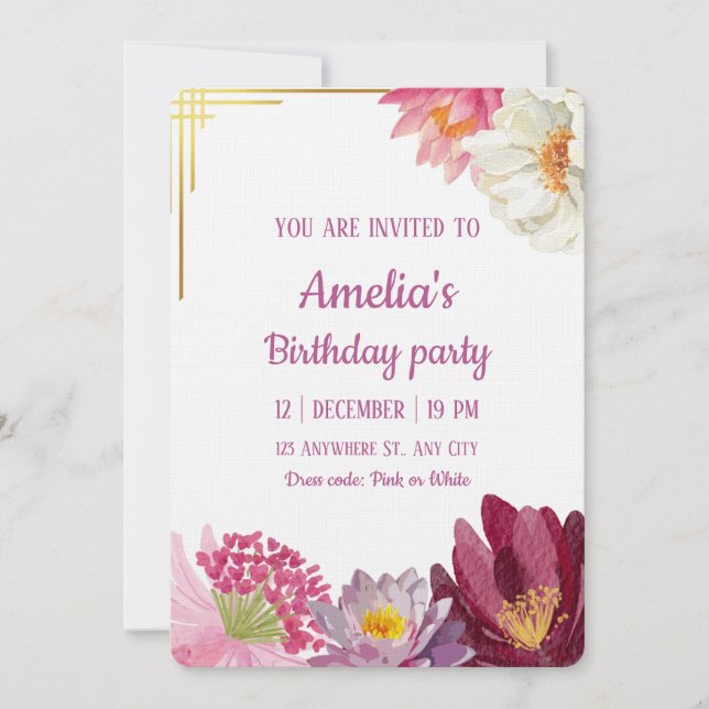 Elegant Floral Birthday Invitation with Gold Frame Einladung (Vorderseite)