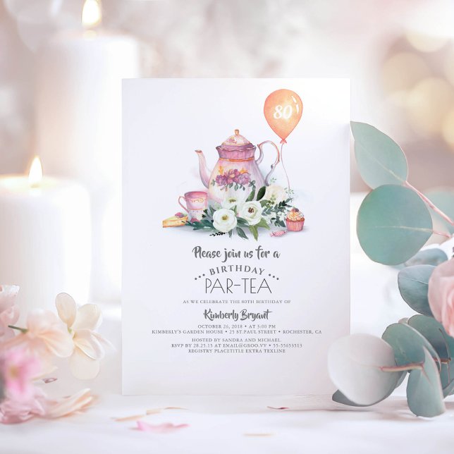 Elegant Floral Birthday Par-tea Einladung (Elegant birthday invitations "Par-Tea" for tea tasting simple casual and relaxed celebrations)