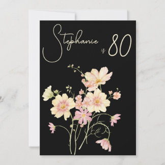 Elegant Floral Black Blush 80th Birthday Einladung