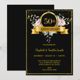 Elegant Floral Black Gold 50 Jahre alt Einladung