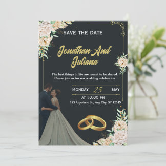 Elegant Floral Black Gold Custom Wedding Invite Einladung