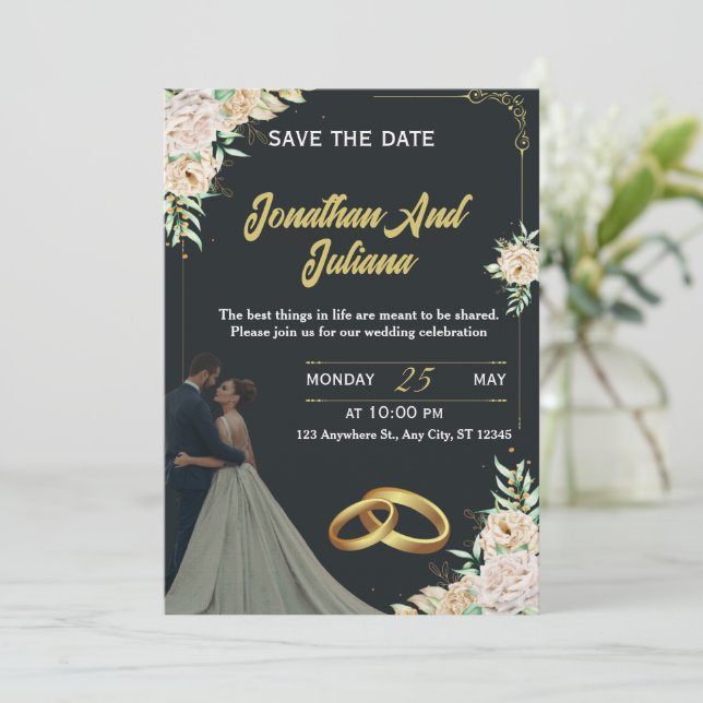 Elegant Floral Black Gold Custom Wedding Invite  Einladung (Stehend Vorderseite)